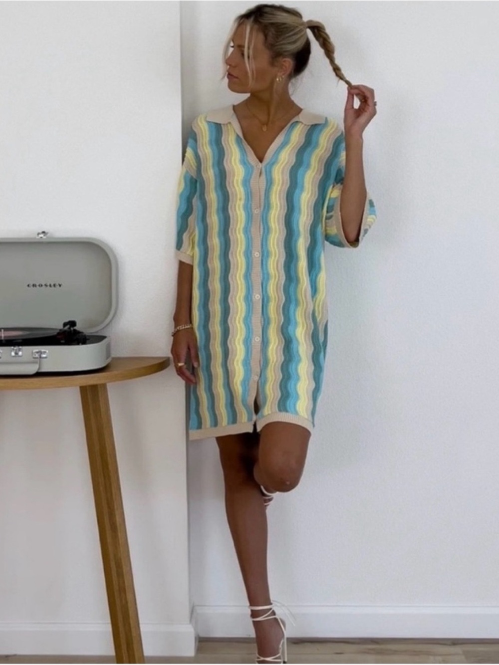 yllw the label Felix Knit Dress Blue Yellow Wave Stripe Button Collared Retro - Picture 2 of 15